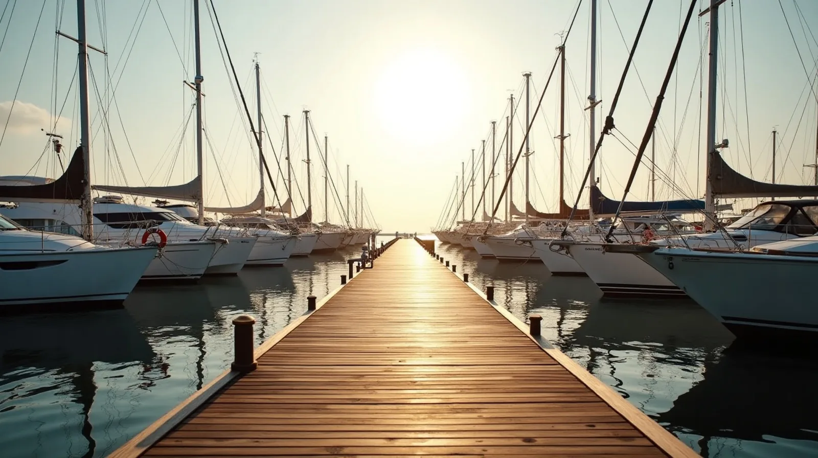 A marina pontoon between moored yachts at sunrise
