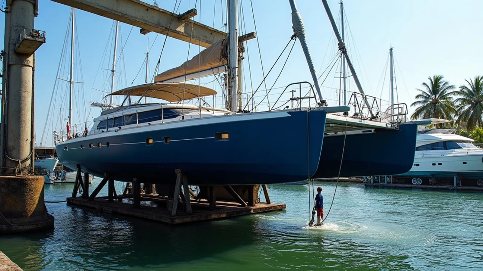 A yacht hauled out at an Indonesian yard