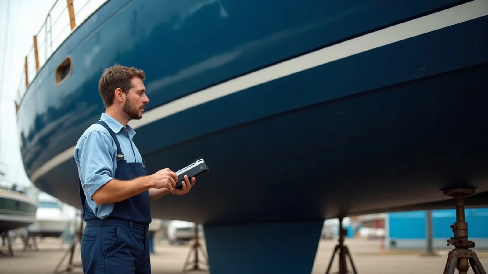 An independent surveyor inspecting a hull on the hard