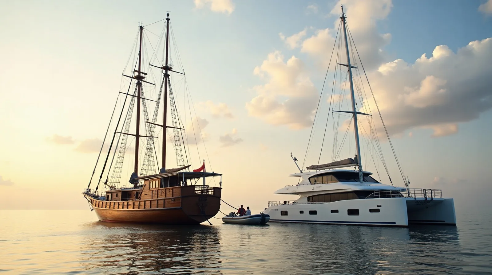 A phinisi and a motor yacht at anchor off Bali