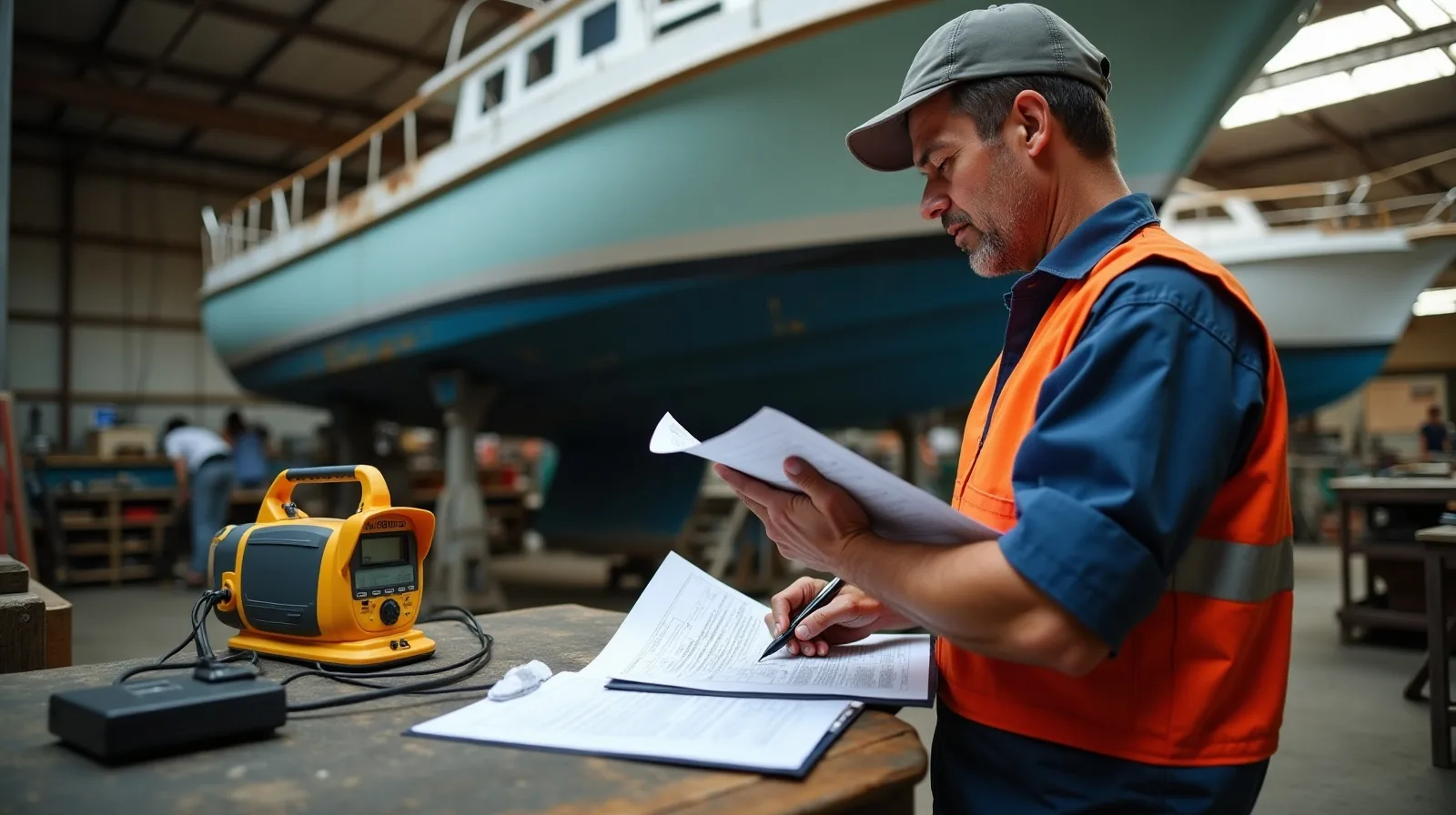 A surveyor recording findings beside a vessel in a yard
