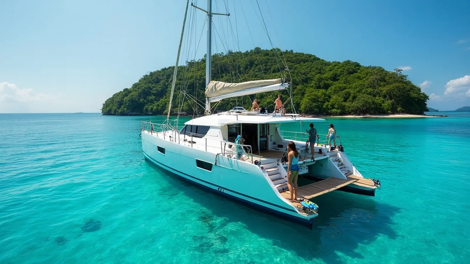 A production catamaran at anchor over turquoise water