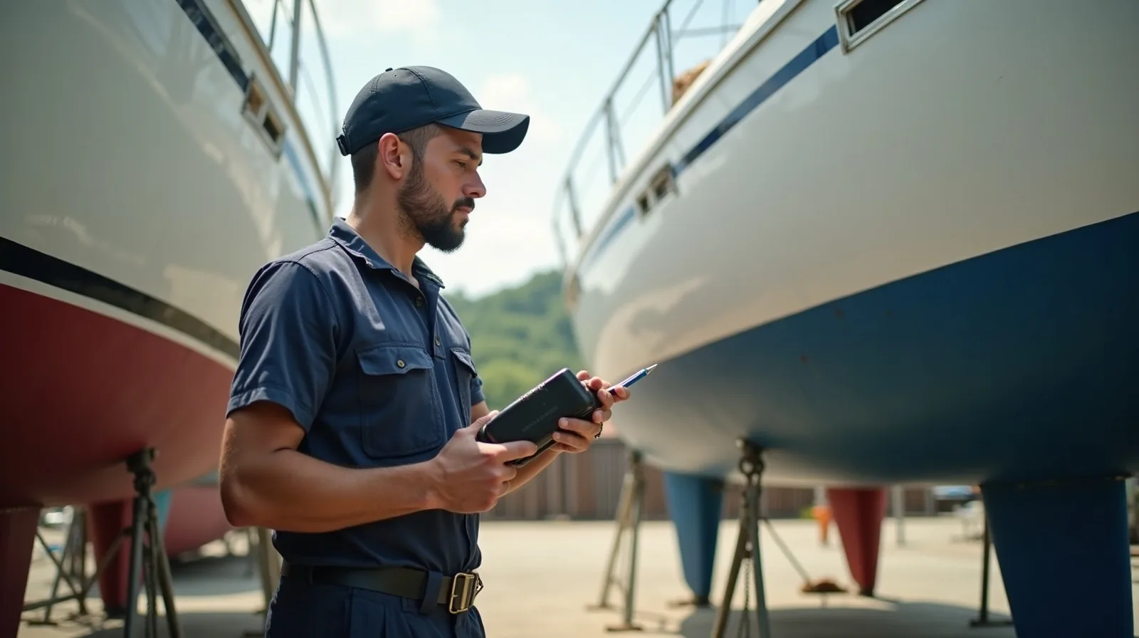 An independent surveyor inspecting a hull on the hard