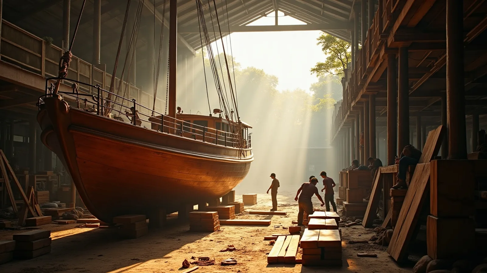 A phinisi hull under cover in a Sulawesi boatshed