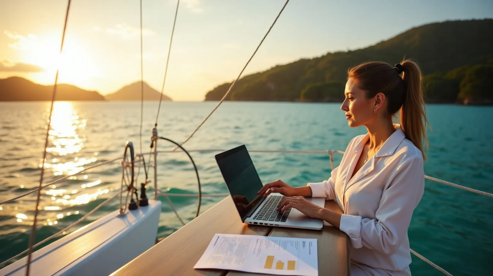 An investor reviewing figures on deck at sunset