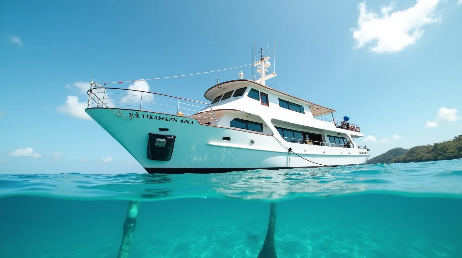 A dive liveaboard at anchor in eastern Indonesia