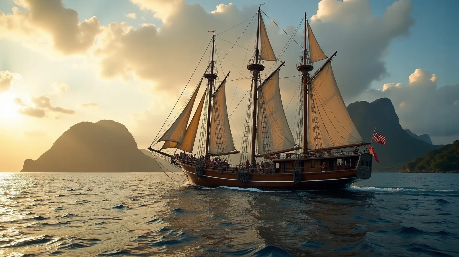 A phinisi under full sail in Komodo waters