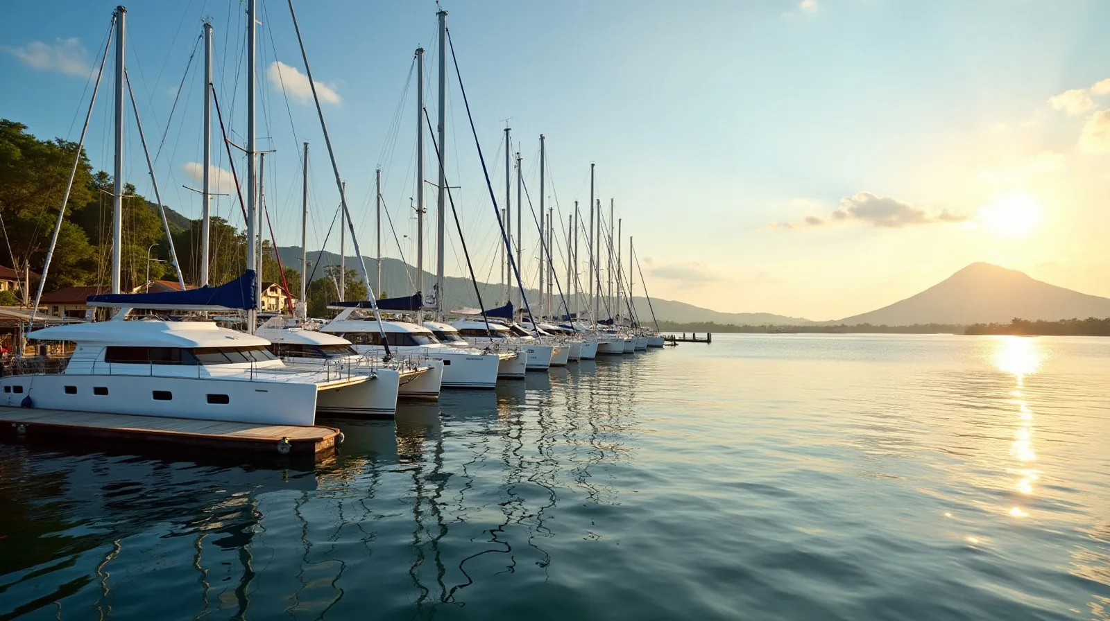Yachts lying at a Bali marina at sunset