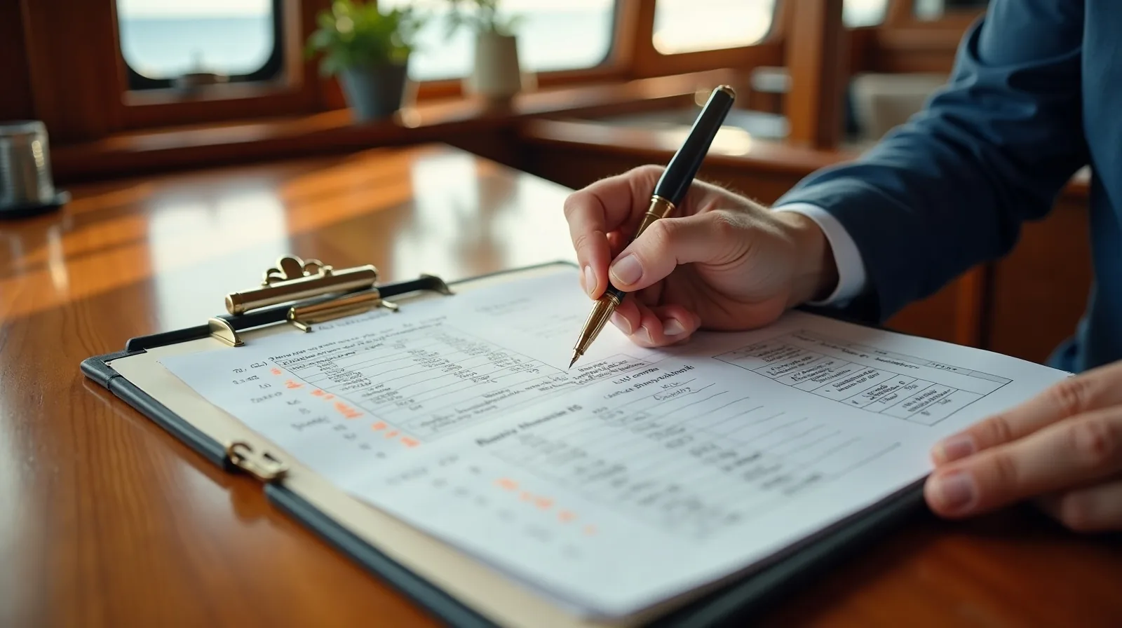 A broker signing a vessel document at the Benoa desk