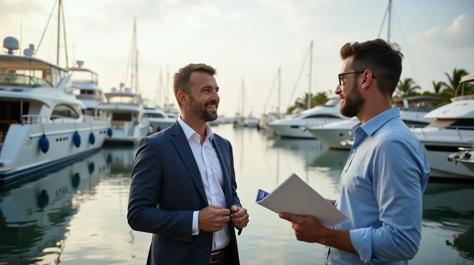Two brokers talking on a marina walkway