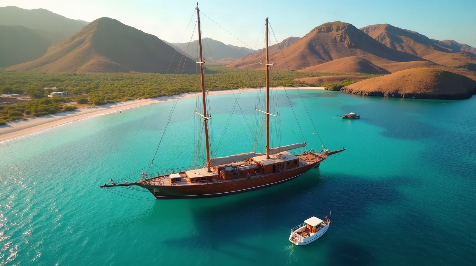 A phinisi at anchor in a Komodo bay